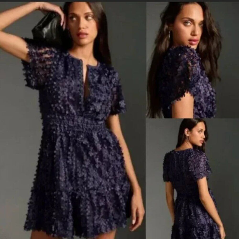 Anthropologie Navy Textured Pom-Pom Mini Dress